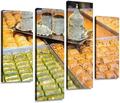Printing on canvas with traditional Baklava Turkish dessert near Turkish coffee on wall, digital printed images framed for abstract painting, desktop decoration, house, ready to hang - 4 panels.. DIAYTAR NIGERIA brings the marketplace home to you with affordable prices and delivery in 5-8 days.