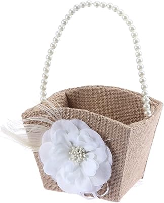 Wedding flower basket for girls with white pearl ribbon, rustic jute canvas basket, storage basket in pink pearls for decoration of photo wedding feasts.. DIAYTAR NIGERIA combines affordability, variety, and convenience with nationwide delivery services.