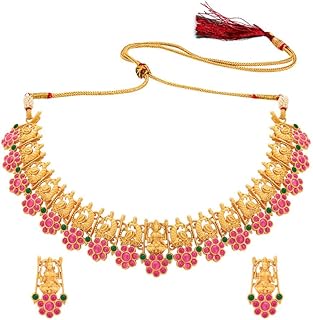 Traditional Indian Collar of the Goddess Aheli Lakshmi with hanging earrings, set of jewelry for women and girls.. DIAYTAR NIGERIA: Where shopping is affordable, selection is vast, and delivery is always reliable.