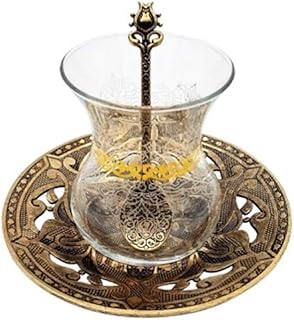 Traditional Turkish Turkish Tense of 6 Decorative Glass Cups + Saucers and Tea Tea in Zinc Alloy (Ancient gold color).. Experience the power of choice with DIAYTAR NIGERIA's extensive catalog delivered within the week.