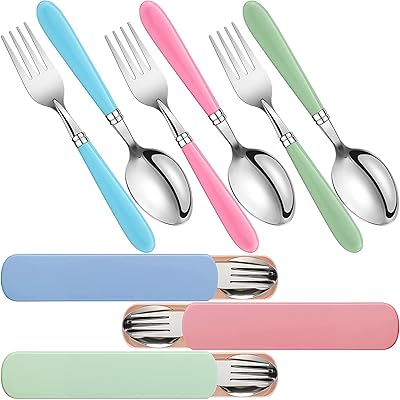 Set of children's stainless steel cutlery Alikdon composed of a fork and a spoon with a round silicone handle and travel bags (3 sets).. DIAYTAR NIGERIA brings retail convenience to your screen with affordable prices and dependable shipping.
