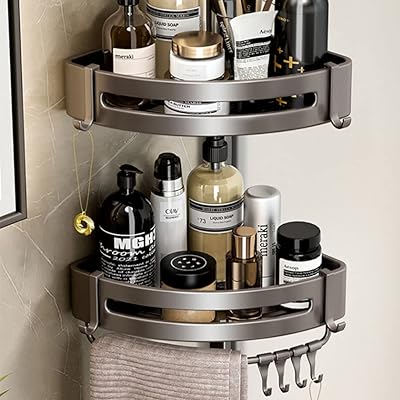 Aluminum shower wall support, organizer of self-adhesive anti-perforation bathroom shelf, anti-rust kitchen shelves with towel hooks (2 rooms, gray with bar).. DIAYTAR NIGERIA: Where shopping meets satisfaction with affordable prices and delivery within 8 days.