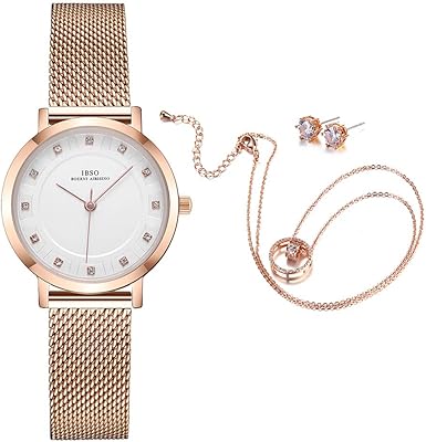 Quartz watch for women with earrings and pink gold color necklace, 3 sets, suitable for Christmas or Valentine's Day gifts.. Join millions of satisfied shoppers using DIAYTAR Nigeria every day.