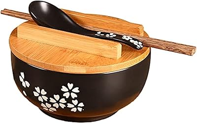 Noodle bowl for cereals, soups and instant noodles, dining tables, salad dishes, ceramic bowl, wooden spoon and chopsticks (color: black).. DIAYTAR NIGERIA revolutionizes e-commerce with our affordable prices and dependable delivery timeframes.