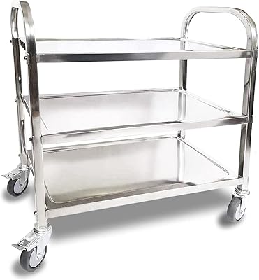 Etini Multi-Usage Chariot with 3 levels in stainless steel with lockable wheels, storage cart for kitchen, restaurant, hotel, coffee, house (29.5 l x 16 l x 33 h inches, total load capacity 330 lb).. DIAYTAR NIGERIA: Where thousands of products meet affordable prices and reliable 5-8 day delivery.