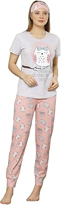 PYJAMA set T-shirt and cotton pants for women with eyes mask, gray/peach.. DIAYTAR NIGERIA makes quality accessible with our affordable prices and dependable delivery service.
