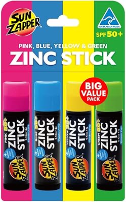 Sun Zapper zinc oxide for mineral protection stick (pink, blue, green, yellow) SPF 50+ water resistant for the face and body, adults, children, pack of 4 solar blocks with broad spectrum, made in Australia.. DIAYTAR NIGERIA: Where shopping meets satisfaction with affordable prices and reliable 5-8 day shipping.
