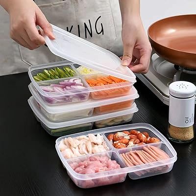 Set of amateur meal preparation boxes with lids, 4 pieces of food storage boxes with 4 compartments, refrigerator storage bins, plastic freezer organizer for meat, vegetables and fruits.. DIAYTAR NIGERIA: Making online shopping accessible to all Nigerians with our affordable platform.