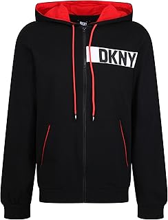 Zipped hoodie with long dkny dkny sleeves black with brand print on the chest and red lined hoodie - 100 % cotton hooded sweatshirt.. DIAYTAR NIGERIA: Where shopping is easy, prices are low, and delivery is just days away.