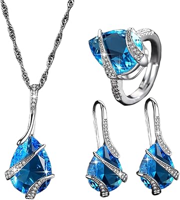 Silver jewelry set with blue zircon pendant, necklace and ring for women and girls, size s, copper, zircon, copper, zircon.. Shop with confidence on DIAYTAR Nigeria — quality products and timely delivery.