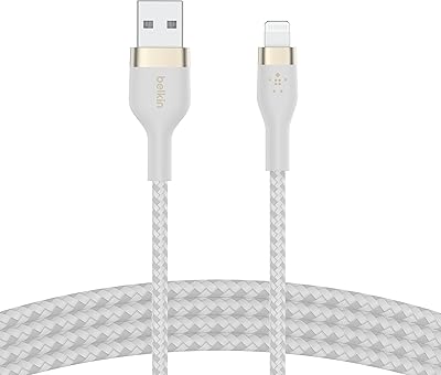 USB braided USB cable Boost Pro Flex Type A to Lightning (1 m/3.3 feet), Apple certified, for iPhone 14/14 Plus, 13, 12, pro, Max, Mini, SE, iPad and Plus - BLANC DE BELKIN.. Shop smarter, not harder with DIAYTAR NIGERIA - thousands of products at your fingertips with affordable delivery.