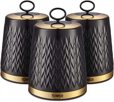Empire T826091blk Tower, set of 3 storage boxes for tea, coffee and sugar, 1.3 liter, black and copper.. DIAYTAR NIGERIA: Where shopping is easy, prices are low, and delivery is just days away.