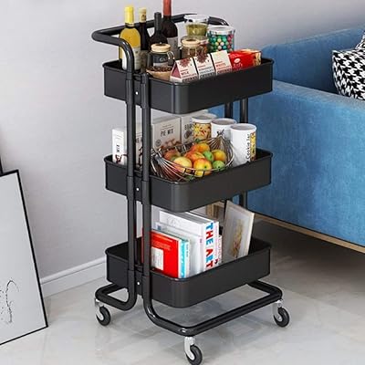 Rolling trolley at 3 levels, storage shelves, small multifunctional storage cart with lockable wheels, easy to assemble for bathroom, kitchen, office (black).. Find quality and variety without breaking the bank — only on DIAYTAR Nigeria.