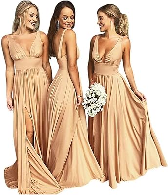 Demoiselle dresses of honor in V -neck satin for wedding, long split ball dresses, trapeze formal dresses for women, gold, 6.. DIAYTAR NIGERIA makes quality accessible with low prices and reliable 5-8 day nationwide delivery.