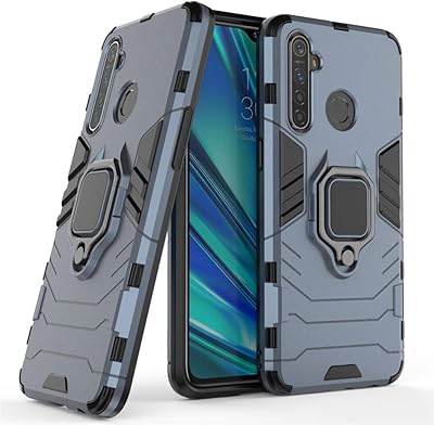 Robust double layer shell compatible with Oppo Realme 5 Pro and Realme Q, with metal ring, crutch and crutch (works with car magnetic support) (navy blue).. Experience DIAYTAR NIGERIA, where extensive product variety meets pocket-friendly prices and reliable delivery.