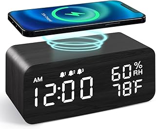 Wooden digital wooden wake up with wireless loading, 3 alarms with LED display, volume control and double repetition for bedroom, bedside desk (black).. Save time and money with DIAYTAR Nigeria’s online store.
