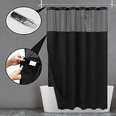 Wassed woven shower curtain with clip -on fabric lining and hooks set, Spa Hotel Spa Hotel Style Curtain, Transparent Upper Window, Double layer, Machine Washable for Easy Cleaning, 1.8 x 1.8 m (Black).. From kitchen tools to phones — DIAYTAR Nigeria ships it all in a week.