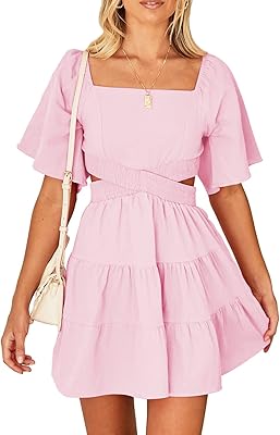 Shadious velvet summer dress for women, square collar, short sleeves, cross waist, relaxed evening dress.. The best online shopping experience in Nigeria — DIAYTAR delivers it all.
