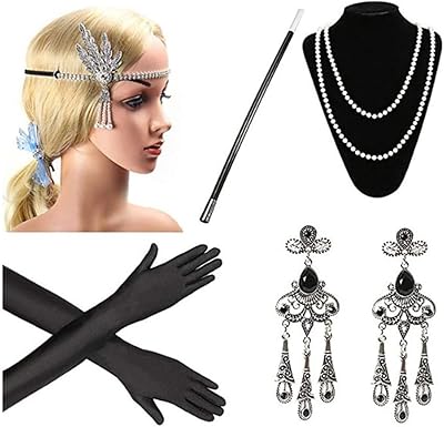Set of Gatsby 5 -piece costume accessories for costume party, bachelor party, earrings, necklace and gloves.. DIAYTAR NIGERIA brings the market to your fingertips with affordable prices and prompt delivery service.