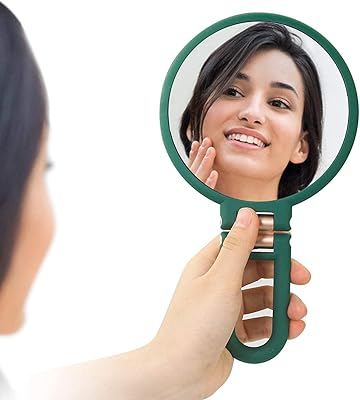Mirror with magnifying hand portable foldable double -sided for women with adjustable handle, bathroom shaving table, cosmetic mirrors of portable travel 1 × 15x (green).. Affordable shopping made easy on DIAYTAR Nigeria, with fast delivery from 5 to 8 days.