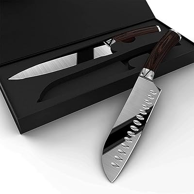 Set of 2 kitchen knives, stainless steel gift box with high carbon content with comfortable handle including a chef knife and a santoku knife.. Enjoy a hassle-free shopping experience with DIAYTAR Nigeria, where products are categorized for your convenience and delivery is always on time.