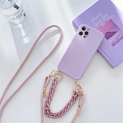 Mobile phone case adjustable in flexible silicone with chain and shoulder for iPhone 14, Amber marble color, bracelet and necklace (purple).. Need it fast? DIAYTAR Nigeria ships in just 5 to 8 days nationwide.