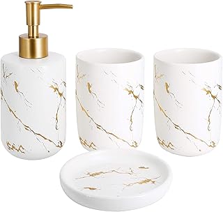 Ofrank set of bathroom accessories, 4 rooms, ceramic counter accessories with marble appearance, elegant bathroom decoration accessories with soap distributor, 2 cups of swimming, bag holder (white marble).. DIAYTAR NIGERIA brings affordable products to every doorstep with our reliable 5-8 day shipping.