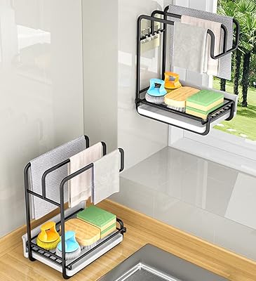 Kitchen sink sponge holder, kitchen chip holder with drain tank, dishes, iron sponge sponge brush, fabric support, sink organizer with towel holder for kitchen supplies (22 x 14.6 x 27 cm, black).. One platform, all your needs — DIAYTAR Nigeria delivers quickly.