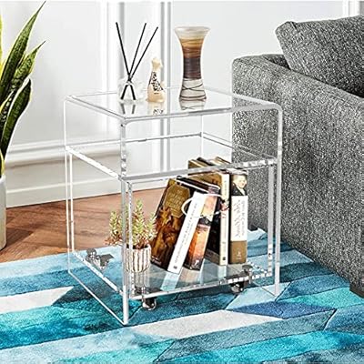 Unilax transparent acrylic side table with additional storage basket on casters, transparent auxiliary table for interior decoration.. DIAYTAR NIGERIA combines extensive product options with budget-friendly prices, delivered in 5-8 days.