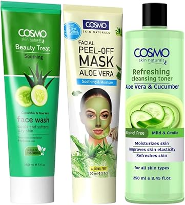 Aloe vera cosmo aloe vera face kit cleaner for cucumber and aloe vera 150 ml, peel off with aloe vera, cleaning tonic refreshing aloe vera and cucumber 250 ml, hydrating kit, face kit, all skin types.. Your digital shopping companion, DIAYTAR NIGERIA offers exceptional value with delivery in less than 8 days.