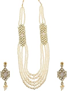 A long polki necklace in gold metal alloy decorated with five rows of pearls - from Zephar.. Find quality and variety without breaking the bank — only on DIAYTAR Nigeria.