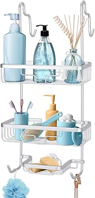 Dewey aluminum shower support on door - 3 shower storage baskets with 2 hooks for sponge and razor (silver).. Enjoy the simplicity of shopping with DIAYTAR NIGERIA, offering vast choices delivered in just 5-8 days.
