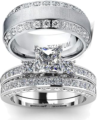 Set of wedding rings, two matching rings, couple rings for women, two white gold pieces filled with square cubic zircones, men's wedding engagement ring, wedding bracelet in titanium.. More than a store — DIAYTAR Nigeria is your shopping partner.