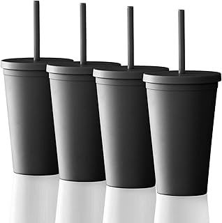 Thmin's cup with straw (4) 480 ml colorful acrylic cup with lids and straws, double -wall plastic set (black).. DIAYTAR NIGERIA delivers affordability and convenience with every purchase, shipped within the week.