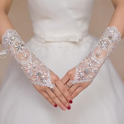 Lace gloves, finger -free lace gloves for wedding, short lace gloves with floral motif for wedding festival and opera (white).. Shop with confidence at DIAYTAR NIGERIA, enjoying competitive prices and delivery within 8 days.