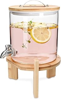 Navarrian drinks dispenser with support - 5L glass drinks dispenser with valve, cover and wooden support for hot and cold drinks, ice water and party.. DIAYTAR NIGERIA makes quality accessible with our affordable prices and dependable delivery service.