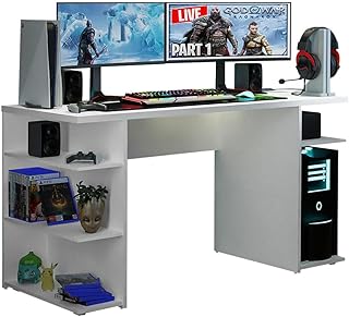 Madisa computer game and computer table with 5 shelves and cable management, wood, 136 L x 75 h x 60 p cm - White.. DIAYTAR NIGERIA: Where every click leads to affordable purchases delivered promptly to your door.