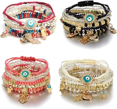4 Extensible Bohemian sets, Multacked Pearls Bracelets with Hamsa Eye, Bohemian handbra, stackable handmade charms for women for women.. Discover the convenience of DIAYTAR NIGERIA's vast e-commerce platform with delivery in just 5-8 days.