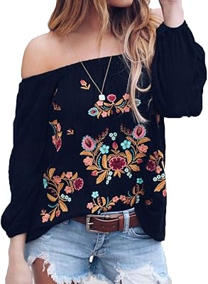ZXzy Bohemian Floral T-shirt with long-sleeved and bare shoulders embroidered for women.. Why shop anywhere else? DIAYTAR Nigeria has it all and delivers fast.