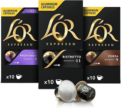 Lored - Espresso Café - Various Pack - Restricted intense 11 - Intense force 9 - Long deep intense 8-3 paquets x 10 capsules de café en aluminium.. Experience the ultimate in shopping convenience with DIAYTAR NIGERIA's vast catalog and 5-8 day delivery.