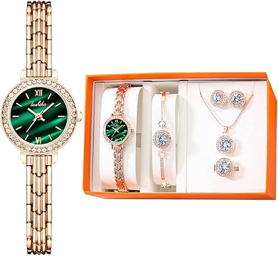 Brilliant watch for women, gift box with bracelet, necklace, ring and earrings decorated with diamonds, elegant luxury jewelry, quartz jade jade jade watch for women, pink gold, 5 pieces/set.. Elevate your shopping experience with DIAYTAR NIGERIA's vast catalog and budget-friendly options.