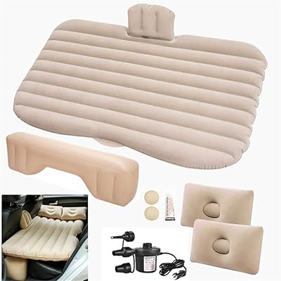 Inflatable car bed, foldable travel mat with air pump, 2 pillows, repair kit, fluid, waterproof, for travel, campsite and holidays, suitable for SUVs/trucks/MPV/car, 53 × 33.5 × 17.7 inches (beige).. DIAYTAR NIGERIA brings the marketplace to every Nigerian home with affordable prices and quick delivery.