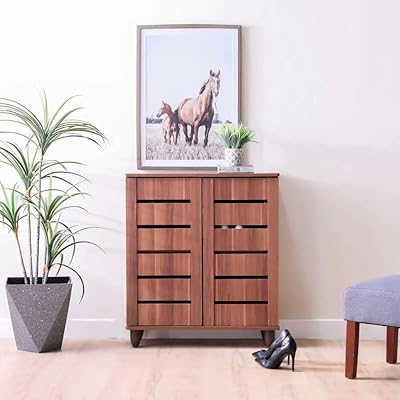 Shoe furniture 14 pairs Ricky de Danube Home | 2 -door wooden shoe organizer | 4 -level shoe shelf | Modern design furniture for entrance, corridor, living room | Made of Malaysia (L76xl33xH86 cm) (teak).. Order now, relax later — DIAYTAR Nigeria ships in 5 to 8 days.