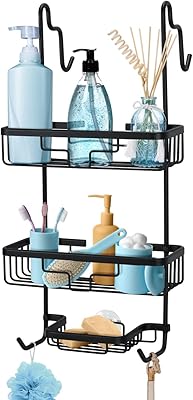 Dewey aluminum shower support on door - 3 shower storage baskets with 2 hooks for sponge and razor (black).. DIAYTAR NIGERIA: Revolutionizing accessibility to quality products at budget-friendly prices across Nigeria.
