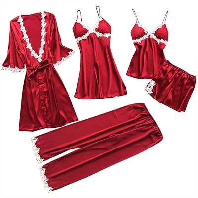 5 pieces of sleeping lace night clothes for women - satin dress + night shirt + short pajama set + long pants.. DIAYTAR NIGERIA combines affordability, variety, and convenience with nationwide delivery services.