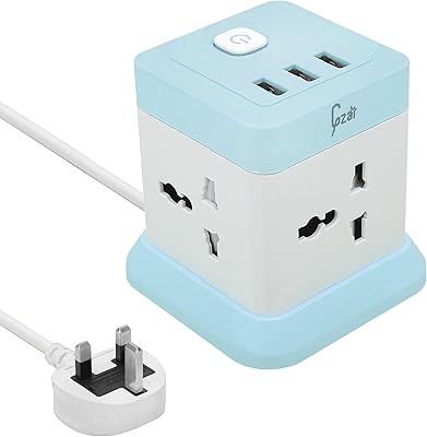 Cube/Gzre power tower extension cable with 4 sockets and 3 USB ports | Food cord 5 feet/1.5 m, loading station for phone and desk, mini laptop for travel, house and office (blue).. DIAYTAR NIGERIA: Transforming how Nigerians shop with our vast selection and nationwide delivery.