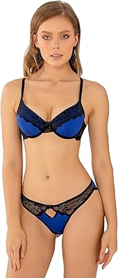 Set of lingerie Push-up bra in midnight blue lace, padded bra and bikini panties, night blue.. DIAYTAR NIGERIA revolutionizes online shopping with competitive prices and reliable 5-8 day delivery.