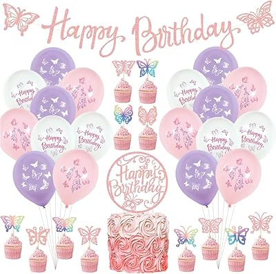 Kit of Birthday Party Fête Papillon for girls, 32 pieces of butterfly party decorations including a cake banner and balloons for cupcakes, pink, white and purple birthday decorations.. DIAYTAR NIGERIA: Your trusted marketplace that combines variety, affordability and reliable shipping.