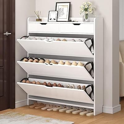 LED tilting shoe cabinet with solid wood feet and 2 drawers - elegant and space -saving shoe storage solution for corridors and narrow rooms (white).. From phone accessories to home decor — DIAYTAR Nigeria ships it fast.