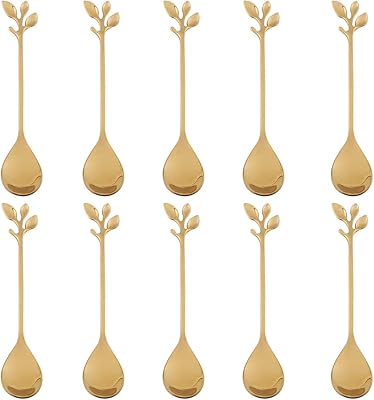 Coffee spoon in stainless steel with gold leaves, 10 pieces, creative dishes, dessert spoons, mixture, sugar, mixture, ice cream, cake, set of teaspoons (10 gold spoons).. Your everyday shopping destination, DIAYTAR NIGERIA offers quality and value delivered within days.